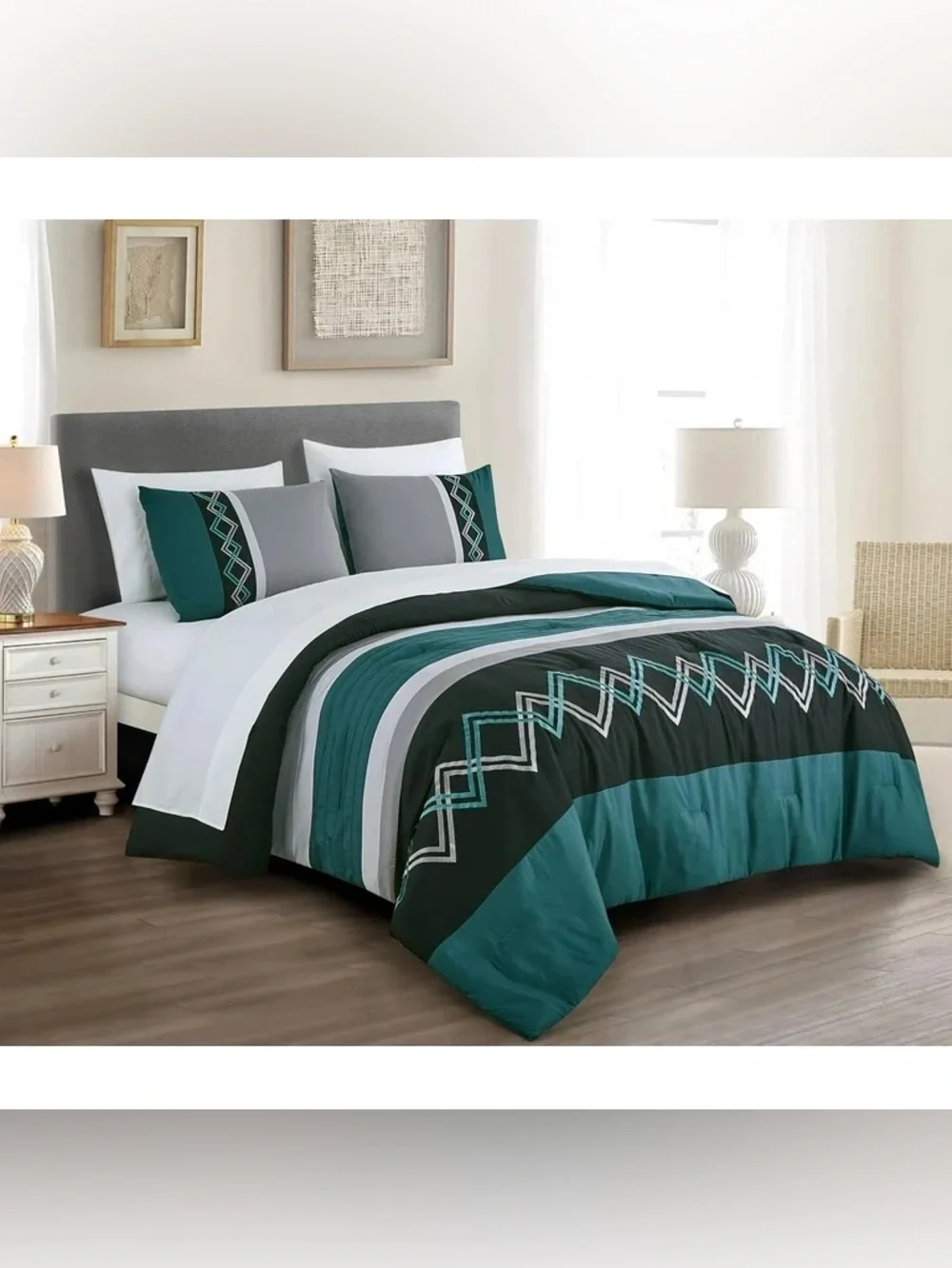 Teal and Gray Geometric Queen 3 piece Comforter Set - Modern Home Bedding